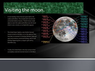 Visiting the moon.
• A moon landing is the arrival of a spacecraft on the
surface of the Moon. This includes both manned and
unmanned (robotic) missions. The first human-made
object to reach the surface of the Moon was the Soviet
Union's Luna 2 mission, on 13 September 1959.[3]
• The United States' Apollo 11 was the first manned
mission to land on the Moon, on 20 July 1969.[4] There
have been six manned U.S landings (between 1969 and
1972) and numerous unmanned landings, with no soft
landings happening from 22 August 1976 until 14
December 2013.
• To date, the United States is the only country to have
successfully conducted manned missions to the Moon.
 