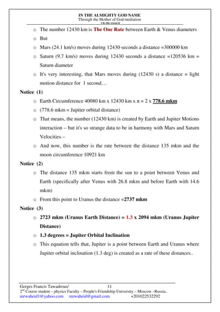 IN THE ALMIGHTY GOD NAME
Through the Mother of God mediation
I do this research
Gerges Francis Tawadrous/
2nd
Course student – physics Faculty – People's Friendship University – Moscow –Russia..
mrwaheid1@yahoo.com mrwaheid@gmail.com +201022532292
11
o The number 12430 km is The One Rate between Earth & Venus diameters
o But
o Mars (24.1 km/s) moves during 12430 seconds a distance =300000 km
o Saturn (9.7 km/s) moves during 12430 seconds a distance =120536 km =
Saturn diameter
o It's very interesting, that Mars moves during (12430 s) a distance = light
motion distance for 1 second…
Notice (1)
o Earth Circumference 40080 km x 12430 km x π = 2 x 778.6 mkm
o (778.6 mkm = Jupiter orbital distance)
o That means, the number (12430 km) is created by Earth and Jupiter Motions
interaction – but it's so strange data to be in harmony with Mars and Saturn
Velocities –
o And now, this number is the rate between the distance 135 mkm and the
moon circumference 10921 km
Notice (2)
o The distance 135 mkm starts from the sun to a point between Venus and
Earth (specifically after Venus with 26.8 mkm and before Earth with 14.6
mkm)
o From this point to Uranus the distance =2737 mkm
Notice (3)
o 2723 mkm (Uranus Earth Distance) = 1.3 x 2094 mkm (Uranus Jupiter
Distance)
o 1.3 degrees = Jupiter Orbital Inclination
o This equation tells that, Jupiter is a point between Earth and Uranus where
Jupiter orbital inclination (1.3 deg) is created as a rate of these distances..
 