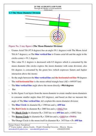 IN THE ALMIGHTY GOD NAME
Through the Mother of God mediation
I do this research
Gerges Francis Tawadrous/
2nd
Course student – physics Faculty – People's Friendship University – Moscow –Russia..
mrwaheid1@yahoo.com mrwaheid@gmail.com +201022532292
6
1-3 The Moon Diameter Division
Figure No. 2 (my figure) (The Moon Diameter Division)
- Uranus Axial Tilt (97.8 degrees) has an angle (91.1 degrees) with The Moon Axial
Tilt (6.7 degrees), so The blue vertical line is Uranus axial tilt and the angle in the
circles center = 91.1 degrees
- This value 91.1 degrees is decreased with 0.5 degrees which is consumed by the
moon diameter (the circles express the moon diameter with some division), also
0.6 degrees is consumed by the green box (which expresses Saturn and Jupiter
interaction above the moon)
- So the angle between the blue vertical line and the horizontal red line 90 degrees
- The red horizontal line is the moon orbital triangle base (AE = 449197 km)
- The blue vertical line angle above the moon directly =90.6 degrees
- But
- In this figure I cut layers from the moon diameter to create smaller moon diameters
to consume smaller angles than (0.5 degrees), and based on that we measure the
angle of The blue vertical line, let's explain this moon diameter division:
- The Blue Circle its diameter R1= 1390 km and r1 =695 km
- The Red Circle its diameter R2= 2085 km and r2 =1042.5 km
- The Black Circle its diameter R3= 2185 km =π x 695 km and r3 =1092.5 km
- The Brown Circle its diameter R4= 3208 km and r4 =1604 km =5040/π
- The Orange Circle is the moon itself its diameter R5= 3475 km = 5 x 695 km
 