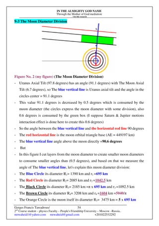 IN THE ALMIGHTY GOD NAME
Through the Mother of God mediation
I do this research
Gerges Francis Tawadrous/
2nd
Course student – physics Faculty – People's Friendship University – Moscow –Russia..
mrwaheid1@yahoo.com mrwaheid@gmail.com +201022532292
54
9-3 The Moon Diameter Division
Figure No. 2 (my figure) (The Moon Diameter Division)
- Uranus Axial Tilt (97.8 degrees) has an angle (91.1 degrees) with The Moon Axial
Tilt (6.7 degrees), so The blue vertical line is Uranus axial tilt and the angle in the
circles center = 91.1 degrees
- This value 91.1 degrees is decreased by 0.5 degrees which is consumed by the
moon diameter (the circles express the moon diameter with some division), also
0.6 degrees is consumed by the green box (I suppose Saturn & Jupiter motions
interaction effect is done here to create this 0.6 degrees)
- So the angle between the blue vertical line and the horizontal red line 90 degrees
- The red horizontal line is the moon orbital triangle base (AE = 449197 km)
- The blue vertical line angle above the moon directly =90.6 degrees
- But
- In this figure I cut layers from the moon diameter to create smaller moon diameters
to consume smaller angles than (0.5 degrees), and based on that we measure the
angle of The blue vertical line, let's explain this moon diameter division:
- The Blue Circle its diameter R1= 1390 km and r1 =695 km
- The Red Circle its diameter R2= 2085 km and r2 =1042.5 km
- The Black Circle its diameter R3= 2185 km =π x 695 km and r3 =1092.5 km
- The Brown Circle its diameter R4= 3208 km and r4 =1604 km =5040/π
- The Orange Circle is the moon itself its diameter R5= 3475 km = 5 x 695 km
 