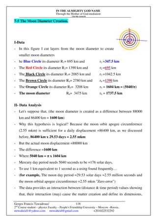 IN THE ALMIGHTY GOD NAME
Through the Mother of God mediation
I do this research
Gerges Francis Tawadrous/
2nd
Course student – physics Faculty – People's Friendship University – Moscow –Russia..
mrwaheid1@yahoo.com mrwaheid@gmail.com +201022532292
118
7-5 The Moon Diameter Creation.
I-Data
- In this figure I cut layers from the moon diameter to create
smaller moon diameters
- he Blue Circle its diameter R1= 695 km and r1 =347.5 km
- The Red Circle its diameter R2= 1390 km and r2 =695 km
- The Black Circle its diameter R3= 2085 km and r3 =1042.5 km
- The Brown Circle its diameter R4= 2780 km and r4 =1390 km
- The Orange Circle its diameter R5= 3208 km r5 = 1604 km = (5040/π)
- The moon diameter R6= 3475 km r6 = 1737.5 km
II- Data Analysis
- Let's suppose that, (the moon diameter is created as a difference between 88000
km and 86400 km = 1600 km)
- Why this hypothesis is logical? Because the moon orbit apogee circumference
(2.55 mkm) is sufficient for a daily displacement =86400 km, as we discussed
before, 86400 km x 29.53 days = 2.55 mkm
- But the actual moon displacement =88000 km
- The difference =1600 km
- Where 5040 km = π x 1604 km
- Mercury day period needs 5040 seconds to be =176 solar days,
- To use 1 km equivalent to 1 second as a using found frequently…
- (for example, The moon day period =29.53 solar days =2.55 million seconds and
the moon orbital apogee circumference =2.55 mkm "Zero error")
- The data provides an interaction between (distance & time period) values showing
that, their interaction (may) cause the matter creation and define its dimensions,
 