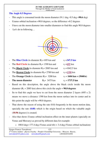 IN THE ALMIGHTY GOD NAME
Through the Mother of God mediation
I do this research
Gerges Francis Tawadrous/
2nd
Course student – physics Faculty – People's Friendship University – Moscow –Russia..
mrwaheid1@yahoo.com mrwaheid@gmail.com +201022532292
123
The Angle 0.5 Degrees
- This angle is consumed inside the moon diameter (91.1 deg -0.5 deg =90.6 deg)
- Uranus orbital inclination =90.8 degrees, so the difference =0.2 degrees
- I have cut the moon diameter into smaller diameters to find this angle 90.8 degrees
- Let's do in following…
- The Blue Circle its diameter R1= 695 km and r1 =347.5 km
- The Red Circle its diameter R2= 1390 km and r2 =695 km
- The Black Circle its diameter R3= 2085 km and r3 =1042.5 km
- The Brown Circle its diameter R4= 2780 km and r4 =1390 km
- The Orange Circle its diameter R5= 3208 km r5 = 1604 km = (5040/π)
- The moon diameter R6= 3475 km r6 = 1737.5 km
- Based on this description, the angle above the black circle inside the moon
diameter (R3 = 2085 km) above this circle the angle = 90.8 degrees
- So to find this angle we have to cut from the moon diameter 2 layers (695 x 2)
means we move a distance 1390 km from the moon surface into its center and in
this point the angle will be =90.8 degrees.
- That shows the reason of using the rate (0.8) frequently in the moon motion data,
specially the rate (0.08) which is the origin based on which the valuable angle
(10.96 degrees) is created.
- Also that shows Uranus orbital inclination effect on the inner planets (specially on
Venus and Mercury) as proved by different data for example:
o 180.8 deg= 177.4 deg (Venus axial tilt) + 3.4 deg (Venus orbital inclination)
 