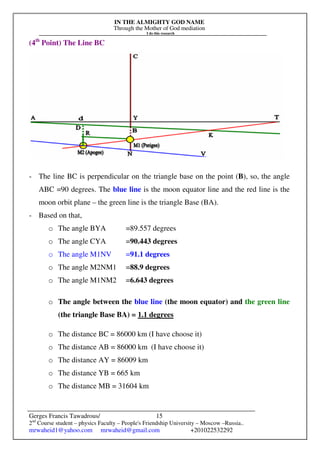 IN THE ALMIGHTY GOD NAME
Through the Mother of God mediation
I do this research
Gerges Francis Tawadrous/
2nd
Course student – physics Faculty – People's Friendship University – Moscow –Russia..
mrwaheid1@yahoo.com mrwaheid@gmail.com +201022532292
15
(4th
Point) The Line BC
- The line BC is perpendicular on the triangle base on the point (B), so, the angle
ABC =90 degrees. The blue line is the moon equator line and the red line is the
moon orbit plane – the green line is the triangle Base (BA).
- Based on that,
o The angle BYA =89.557 degrees
o The angle CYA =90.443 degrees
o The angle M1NV =91.1 degrees
o The angle M2NM1 =88.9 degrees
o The angle M1NM2 =6.643 degrees
o The angle between the blue line (the moon equator) and the green line
(the triangle Base BA) = 1.1 degrees
o The distance BC = 86000 km (I have choose it)
o The distance AB = 86000 km (I have choose it)
o The distance AY = 86009 km
o The distance YB = 665 km
o The distance MB = 31604 km
 