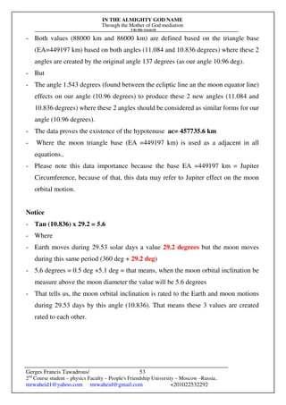 IN THE ALMIGHTY GOD NAME
Through the Mother of God mediation
I do this research
Gerges Francis Tawadrous/
2nd
Course student – physics Faculty – People's Friendship University – Moscow –Russia..
mrwaheid1@yahoo.com mrwaheid@gmail.com +201022532292
53
- Both values (88000 km and 86000 km) are defined based on the triangle base
(EA=449197 km) based on both angles (11.084 and 10.836 degrees) where these 2
angles are created by the original angle 137 degrees (as our angle 10.96 deg).
- But
- The angle 1.543 degrees (found between the ecliptic line an the moon equator line)
effects on our angle (10.96 degrees) to produce these 2 new angles (11.084 and
10.836 degrees) where these 2 angles should be considered as similar forms for our
angle (10.96 degrees).
- The data proves the existence of the hypotenuse ac= 457735.6 km
- Where the moon triangle base (EA =449197 km) is used as a adjacent in all
equations..
- Please note this data importance because the base EA =449197 km = Jupiter
Circumference, because of that, this data may refer to Jupiter effect on the moon
orbital motion.
Notice
- Tan (10.836) x 29.2 = 5.6
- Where
- Earth moves during 29.53 solar days a value 29.2 degrees but the moon moves
during this same period (360 deg + 29.2 deg)
- 5.6 degrees = 0.5 deg +5.1 deg = that means, when the moon orbital inclination be
measure above the moon diameter the value will be 5.6 degrees
- That tells us, the moon orbital inclination is rated to the Earth and moon motions
during 29.53 days by this angle (10.836). That means these 3 values are created
rated to each other.
 