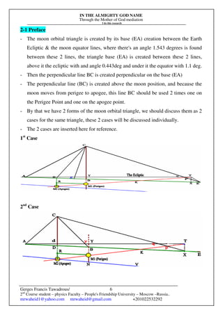 IN THE ALMIGHTY GOD NAME
Through the Mother of God mediation
I do this research
Gerges Francis Tawadrous/
2nd
Course student – physics Faculty – People's Friendship University – Moscow –Russia..
mrwaheid1@yahoo.com mrwaheid@gmail.com +201022532292
6
2-1 Preface
- The moon orbital triangle is created by its base (EA) creation between the Earth
Ecliptic & the moon equator lines, where there's an angle 1.543 degrees is found
between these 2 lines, the triangle base (EA) is created between these 2 lines,
above it the ecliptic with and angle 0.443deg and under it the equator with 1.1 deg.
- Then the perpendicular line BC is created perpendicular on the base (EA)
- The perpendicular line (BC) is created above the moon position, and because the
moon moves from perigee to apogee, this line BC should be used 2 times one on
the Perigee Point and one on the apogee point.
- By that we have 2 forms of the moon orbital triangle, we should discuss them as 2
cases for the same triangle, these 2 cases will be discussed individually.
- The 2 cases are inserted here for reference.
1st
Case
2nd
Case
 