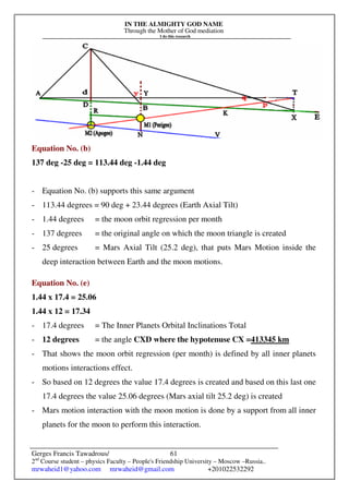 IN THE ALMIGHTY GOD NAME
Through the Mother of God mediation
I do this research
Gerges Francis Tawadrous/
2nd
Course student – physics Faculty – People's Friendship University – Moscow –Russia..
mrwaheid1@yahoo.com mrwaheid@gmail.com +201022532292
61
Equation No. (b)
137 deg -25 deg = 113.44 deg -1.44 deg
- Equation No. (b) supports this same argument
- 113.44 degrees = 90 deg + 23.44 degrees (Earth Axial Tilt)
- 1.44 degrees = the moon orbit regression per month
- 137 degrees = the original angle on which the moon triangle is created
- 25 degrees = Mars Axial Tilt (25.2 deg), that puts Mars Motion inside the
deep interaction between Earth and the moon motions.
Equation No. (e)
1.44 x 17.4 = 25.06
1.44 x 12 = 17.34
- 17.4 degrees = The Inner Planets Orbital Inclinations Total
- 12 degrees = the angle CXD where the hypotenuse CX =413345 km
- That shows the moon orbit regression (per month) is defined by all inner planets
motions interactions effect.
- So based on 12 degrees the value 17.4 degrees is created and based on this last one
17.4 degrees the value 25.06 degrees (Mars axial tilt 25.2 deg) is created
- Mars motion interaction with the moon motion is done by a support from all inner
planets for the moon to perform this interaction.
 