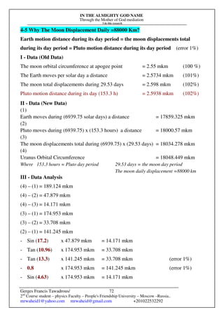 IN THE ALMIGHTY GOD NAME
Through the Mother of God mediation
I do this research
Gerges Francis Tawadrous/
2nd
Course student – physics Faculty – People's Friendship University – Moscow –Russia..
mrwaheid1@yahoo.com mrwaheid@gmail.com +201022532292
72
4-5 Why The Moon Displacement Daily =88000 Km?
Earth motion distance during its day period = the moon displacements total
during its day period = Pluto motion distance during its day period (error 1%)
I - Data (Old Data)
The moon orbital circumference at apogee point = 2.55 mkm (100 %)
The Earth moves per solar day a distance = 2.5734 mkm (101%)
The moon total displacements during 29.53 days = 2.598 mkm (102%)
Pluto motion distance during its day (153.3 h) = 2.5938 mkm (102%)
II - Data (New Data)
(1)
Earth moves during (6939.75 solar days) a distance = 17859.325 mkm
(2)
Pluto moves during (6939.75) x (153.3 hours) a distance = 18000.57 mkm
(3)
The moon displacements total during (6939.75) x (29.53 days) = 18034.278 mkm
(4)
Uranus Orbital Circumference = 18048.449 mkm
Where 153.3 hours = Pluto day period 29.53 days = the moon day period
The moon daily displacement =88000 km
III - Data Analysis
(4) – (1) = 189.124 mkm
(4) – (2) = 47.879 mkm
(4) – (3) = 14.171 mkm
(3) – (1) = 174.953 mkm
(3) – (2) = 33.708 mkm
(2) – (1) = 141.245 mkm
- Sin (17.2) x 47.879 mkm = 14.171 mkm
- Tan (10.96) x 174.953 mkm = 33.708 mkm
- Tan (13.3) x 141.245 mkm = 33.708 mkm (error 1%)
- 0.8 x 174.953 mkm = 141.245 mkm (error 1%)
- Sin (4.63) x 174.953 mkm = 14.171 mkm
 
