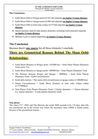 IN THE ALMIGHTY GOD NAME
Through the Mother of God mediation
I do this research
Gerges Francis Tawadrous/
2nd
Course student – physics Faculty – People's Friendship University – Moscow –Russia..
mrwaheid1@yahoo.com mrwaheid@gmail.com +201022532292
12
The Conclusions:
1- Earth Moon Orbit at Perigee point (0.363 mk) depends on Jupiter Uranus distance
2- Earth Moon Orbit at Apogee point (0.406 mk) depends on Jupiter Uranus distance
3- Earth Moon Orbit at total solar eclipse (0.377mk) depends on Jupiter Uranus
distance
4- Saturn diameter (and all solar planets diameters including Earth diameter) depends
on Jupiter Uranus distance
5- Metonic Cycle is created depending on Jupiter Uranus distance
The Conclusion
Because there's one source for all these elements I conclude,
There are Geometrical Reasons Behind The Moon Orbit
Relationships:
1- Earth Moon Distance at Perigee point =363000 km = Solar Outer Planets Diameters
Total (error 1%)
2- Earth Moon Distance at Apogee point =406000 km = Solar Planets Diameters Total
3- The Distance between Perigee and Apogee = 40000km = Inner Solar Planets
Diameters Total = Earth Circumference.
4- Earth daily motion = The moon orbit circumference at apogee radius (r=406000 km)
5- Saturn Circumference = Earth Moon Distance at total solar eclipse radius
(r=377000km)
6- Note Please/ Solar Planets Diameters Total= 2 Jupiter diameters + 1 Saturn diameter
(i.e. Jupiter diameter = 8 solar planets diameters total)
Note please
The value (71)2
=5041 and The Mercury day needs 5040 seconds to be 176 days, that tells
my conclusions are in the correct way where the necessary value (5040) is found clearly
because of the geometrical reasons…
 