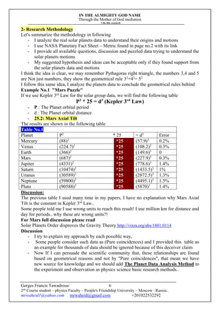 IN THE ALMIGHTY GOD NAME
Through the Mother of God mediation
I do this research
Gerges Francis Tawadrous/
2nd
Course student – physics Faculty – People's Friendship University – Moscow –Russia..
mrwaheid1@yahoo.com mrwaheid@gmail.com +201022532292
6
2- Research Methodology
Let's summarize the methodology in following
- I analyze the real solar planets data to understand their origins and motions
- I use NASA Planetary Fact Sheet – Metric found in page no.2 with its link
- I provide all available questions, discussion and puzzled data trying to understand the
solar planets motions.
- My suggested hypothesis and ideas can be acceptable only if they found support from
the solar planets data and motions
I think the idea is clear, we may remember Pythagoras right triangle, the numbers 3,4 and 5
are Not just numbers, they show the geometrical rule 32
+42
= 52
I follow this same idea, I analyze the planets data to conclude the geometrical rules behind
Example No.1 "Mars Puzzle"
If we use Kepler 3rd
Law for the solar group data, we will find the following table
P2
* 25 = d3
(Kepler 3rd
Law)
- P : The Planet orbital period
- d : The Planet orbital distance
- 25.2: Mars Axial Tilt
The results are shown in the following table
Table No.1
Planet P2
* 25 = d3
Error
Mercury (88)2
*25 (57.9)3
0.2%
Venus (224.7)2
*25 (108.2)3
0.3%
Earth (366)2
*25 (149.6)3
0
Mars (687)2
*25 (227.9)3
0.3%
Jupiter (4331)2
*25 (778.6)3
1.4%
Saturn (10474)2
*25 (1433.5)3
1%
Uranus (30589)2
*25 (2872.5)3
1.3%
Neptune (59800)2
*25 (4495.1)3
1.5%
Pluto (90588)2
*25 (5870)3
1.4%
Discussion:
The previous table I used many time in my papers, I have no explanation why Mars Axial
Tilt is the constant in Kepler 3rd
Law..
Some people told me I use wrong units to reach this result! I use million km for distance and
day for periods.. why these are wrong units?!
For Mars full discussion please read
Solar Planets Order disproves the Gravity Theory http://vixra.org/abs/1801.0114
Discussion
- I try to explain my approach by each possible way,
- Some people consider such data as (Pure coincidences) and I provided this table as
an example for thousands of data should be ignored because of this deceiver claim
- Now If I can persuade the scientific community that, these relationships are found
based on geometrical reasons and not by "Pure coincidences", that mean we have
new source for knowledge and we should add The Planet Data Analysis Method to
the experiment and observation as physics science basic research methods..
 