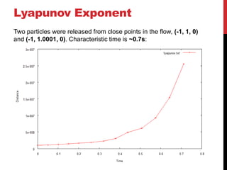 Lyapunov Exponent
Two particles were released from close points in the flow, (-1, 1, 0)
and (-1, 1.0001, 0). Characteristic time is ~0.7s:
 
