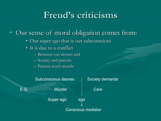 Freud’s criticisms
• Our sense of moral obligation comes from:
• Our super ego that is our subconscious
• It is due to a conflict
– Between our desires and
– Society and parents
– Parents teach morals
Super ego
Subconscious desires Society demands
ego
Murder CareE.G.
Conscious mediator
 