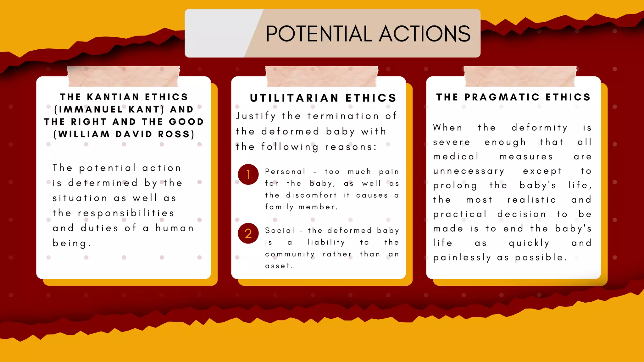 1
2
U T I L I T A R I A N E T H I C S T H E P R A G M A T I C E T H I C S
W h e n t h e d e f o r m i t y i s
s e v e r e e n o u g h t h a t a l l
m e d i c a l m e a s u r e s a r e
u n n e c e s s a r y e x c e p t t o
p r o l o n g t h e b a b y ' s l i f e ,
t h e m o s t r e a l i s t i c a n d
p r a c t i c a l d e c i s i o n t o b e
m a d e i s t o e n d t h e b a b y ' s
l i f e a s q u i c k l y a n d
p a i n l e s s l y a s p o s s i b l e .
T H E K A N T I A N E T H I C S
( I M M A N U E L K A N T ) A N D
T H E R I G H T A N D T H E G O O D
( W I L L I A M D A V I D R O S S )
T h e p o t e n t i a l a c t i o n
i s d e t e r m i n e d b y t h e
s i t u a t i o n a s w e l l a s
t h e r e s p o n s i b i l i t i e s
a n d d u t i e s o f a h u m a n
b e i n g .
POTENTIAL ACTIONS
J u s t i f y t h e t e r m i n a t i o n o f
t h e d e f o r m e d b a b y w i t h
t h e f o l l o w i n g r e a s o n s :
P e r s o n a l - t o o m u c h p a i n
f o r t h e b a b y , a s w e l l a s
t h e d i s c o m f o r t i t c a u s e s a
f a m i l y m e m b e r .
S o c i a l - t h e d e f o r m e d b a b y
i s a l i a b i l i t y t o t h e
c o m m u n i t y r a t h e r t h a n a n
a s s e t .
 