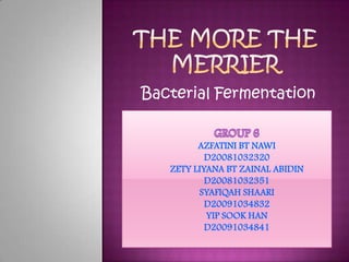 THE MORE THE MERRIER Bacterial Fermentation GROUP 6 AZFATINI BT NAWI                        D20081032320 ZETY LIYANA BT ZAINAL ABIDIN  D20081032351 SYAFIQAH SHAARI D20091034832 YIP SOOK HAN D20091034841 