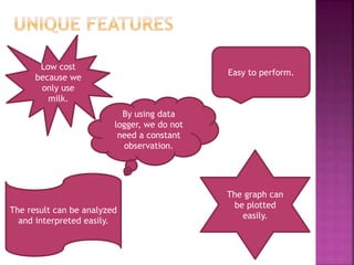 By using data
logger, we do not
need a constant
observation.
The graph can
be plotted
easily.
Low cost
because we
only use
milk.
The result can be analyzed
and interpreted easily.
Easy to perform.
 