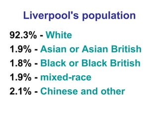 Liverpool's population 
92.3% - White 
1.9% - Asian or Asian British 
1.8% - Black or Black British 
1.9% - mixed-race 
2.1% - Chinese and other 
 