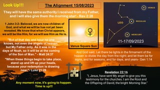 Venus Square Sun
They will have the same authority I received from my Father,
and I will also give them the morning star! - Rev 2:28
The Alignment 15/08/2023
Revelation 22:16
"I, Jesus, have sent My angel to give you this
testimony for the churches. I am the Root and
the Offspring of David, the bright Morning Star."
1 John 3:2- Beloved, we are now children of
God, and what we will be has not yet been
revealed. We know that when Christ appears,
we will be like Him, for we will see Him as He is.
"But of that day and hour no one
knows, not even the angels of heaven,
but My Father only. As it was in the
days of Noah, so it will be at the coming
of the Son of Man." - Matt 24:37
"When these things begin to take place,
stand up and lift up your heads,
because your redemption is drawing
near."- Luke 21:28
And God said, Let there be lights in the firmament of the
heaven to divide the day from the night; and let them be for
signs, and for seasons, and for days, and years- Gen 1:14
Look Up!!!
Any moment now, it's going to happen.
Time is up!!!
11-17/09/2023
 