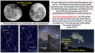 It's got nothing to do with what Hemisphere you
are in.- The Heavens have been turned upside
down! Do your own research but I know many will
not; Mental laziness, Ignorance, and Denial is the
way of life for the masses now. It's all
Supernatural and Spiritual in what's going on!
The Moon upside
down!
The Constellations are upside down-All is upside down!
You turn things upside down, as if the potter
were thought to be like the clay! Shall what is
formed say to the one who formed it, “You did
not make me"? Can the pot say to the potter,
“You know nothing"?-
Isaiah 29:16
As above So Below
For those
with eyes to
see!
 