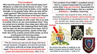 The Leviathan!
Who has first given to me, that I should repay him?
Whatever is under the whole heaven is mine. “I will
not keep silence concerning his limbs, or his mighty
strength, or his goodly frame. Who can strip off his
outer garment? Who would come near him with a
bridle? Who can open the doors of his face? Around
his teeth is terror. His back is made of rows of
shields, shut up closely as with a seal. One is so near
to another that no air can come between them. They
are joined one to another; they clasp each other and
cannot be separated. His sneezings flash forth light,
and his eyes are like the eyelids of the dawn. Out of
his mouth go flaming torches; sparks of fire leap
forth. Out of his nostrils comes forth smoke, as from
a boiling pot and burning rushes.
His breath kindles coals, and a flame comes forth
from his mouth. - Job 41:11-21
The Leviathan From H3867; a wreathed animal,
that is, a serpent (especially the crocodile or
some other large sea monster); figuratively the
constellation of the dragon; also as a symbol
of Babylon: - leviathan, mourning.
A primitive root; properly to twine, that is, (by
implication) to unite, to remain; also to borrow (as
a form of obligation) or (causatively) to lend: - abide
with, borrow (-er), cleave, join (self), lend (-er).
The Governments under N.W.O. World Order!
Shields
"The ten horns you saw are ten kings who have
not yet received a kingdom, but who for one hour
will receive authority as kings along with the
beast. They have one purpose and will give their
power and authority to the beast.- Rev 17:13
Do not love the world or anything in the
world. If anyone loves the world, love for
the Father is not in them.- 1 John 2:15
 