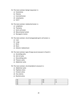 20
88. Myxoma is most commonly found in:
a) Right atrium
b) Left artrium
c) Right ventricle
d) Left ventricle
e) Interventricualr septum
89. The most common cause of abdominal aortic aneurysm is:
a) Trauma
b) Syphilis
c) Atherosclerosis
d) Hypertension
e) N.O.T
90. The most common cancer related cause of death in the world is:
a) Breast cancer
b) Lung cancer
c) Prostate cancer
d) HCC
e) Gastric cancer
86 E 89 C
87 C 90 B
88 B
91. The most common benign lung tumor is:
a) Hamartoma
b) Fibroma
c) Carcinoid tumor
d) Leiyomyoma
e) N.O.T
92. The most common mediastinal tumor is:
a) Lymphoma
b) Thymoma
c) Germ cell tumor
d) Mesenchymal tumors
e) Neurogenic tumors
 