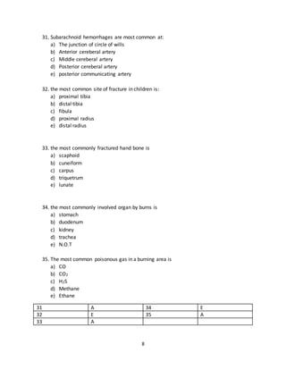 8
28. Wound dehiscence most commonly occurs at
a) 1st day postoperatively
b) 2nd day postoperatively
c) 3rd to 6th day postoperatively
d) 5th to 7th day postoperatively
e) 5th to 8th day postoperatively
29. The most common cause of death and disability in first four decades of life is:
a) Trauma
b) Cardiac problems
c) Respiratory disorders
d) Liver disorders
e) Git disorders
30. The most common organ damaged by blunt trauma in the left costal margin is:
a) Stomach
b) Spleen
c) Transverse colon
d) Descending colon
e) Left kidney
26 D 29 A
27 A 30 B
28 E
31. Subarachnoid hemorrhages are most common at:
a) The junction of circle of wills
b) Anterior cereberal artery
c) Middle cereberal artery
d) Posterior cereberal artery
e) posterior communicating artery
32. the most common site of fracture in children is:
a) proximal tibia
b) distal tibia
c) fibula
d) proximal radius
e) distal radius
 