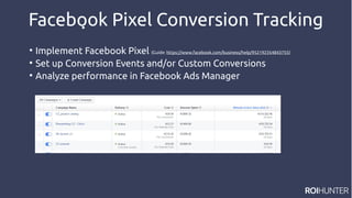 Facebook Pixel Conversion Tracking

Implement Facebook Pixel (Guide: https://www.facebook.com/business/help/952192354843755)

Set up Conversion Events and/or Custom Conversions

Analyze performance in Facebook Ads Manager
 