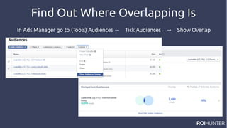 Find Out Where Overlapping Is
In Ads Manager go to (Tools) Audiences Tick Audiences Show Overlap→ →
 