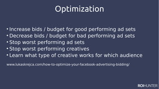 Optimization

Increase bids / budget for good performing ad sets

Decrease bids / budget for bad performing ad sets

Stop worst performing ad sets

Stop worst performing creatives

Learn what type of creative works for which audience
www.lukaskrejca.com/how-to-optimize-your-facebook-advertising-bidding/
 