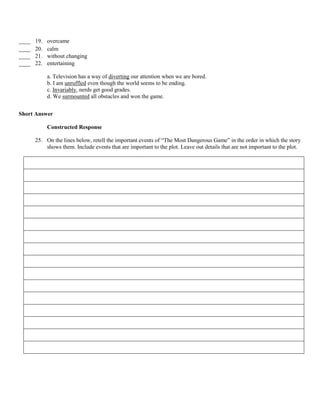 The most dangerous game quiz | PDF