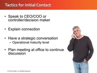 1 © 2016 eFolder, Inc. All Rights Reserved.
Tactics for Initial Contact
• Speak to CEO/COO or
controller/decision maker
• Explain connection
• Have a strategic conversation
– Operational maturity level
• Plan meeting at office to continue
discussion
 