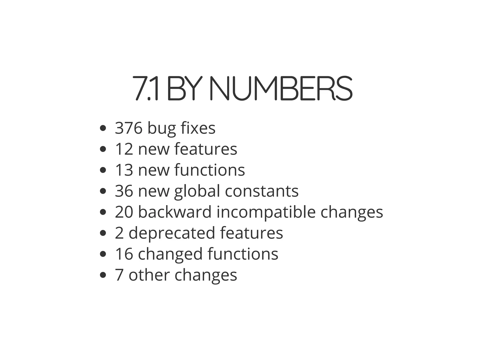 7.1BYNUMBERS
376 bug xes
12 new features
13 new functions
36 new global constants
20 backward incompatible changes
2 deprecated features
16 changed functions
7 other changes
 