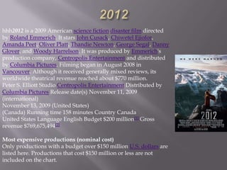 hhh2012 is a 2009 American science fiction disaster film directed
by Roland Emmerich. It stars John Cusack, Chiwetel Ejiofor,
Amanda Peet, Oliver Platt, Thandie Newton, George Segal, Danny
Glover, and Woody Harrelson. It was produced by Emmerich's
production company, Centropolis Entertainment and distributed
by Columbia Pictures. Filming began in August 2008 in
Vancouver. Although it received generally mixed reviews, its
worldwide theatrical revenue reached about $770 million.
Peter S. Elliott Studio Centropolis Entertainment Distributed by
Columbia Pictures Release date(s) November 11, 2009
(international)
November 13, 2009 (United States)
(Canada) Running time 158 minutes Country Canada
United States Language English Budget $200 million[1] Gross
revenue $769,675,494[2]

Most expensive productions (nominal cost)
Only productions with a budget over $150 million U.S. dollars are
listed here. Productions that cost $150 million or less are not
included on the chart.
 