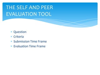 Question
Criteria
Submission Time Frame
Evaluation Time Frame
THE SELF AND PEER
EVALUATION TOOL
 