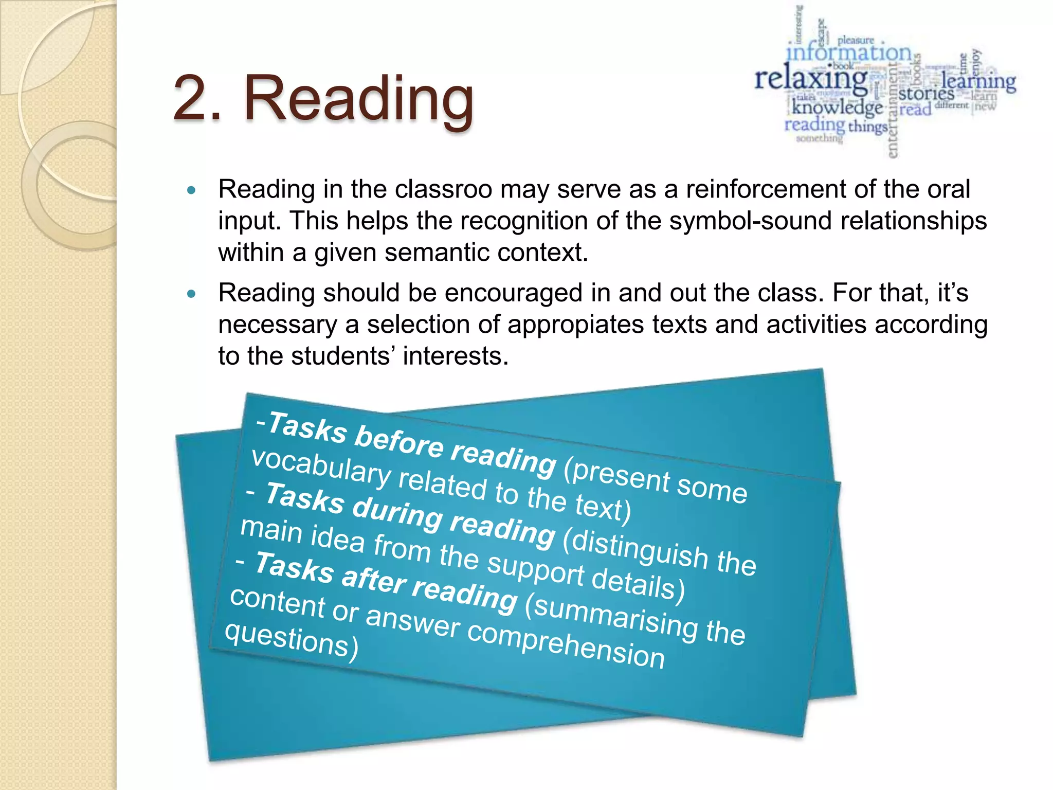 2. Reading


Reading in the classroo may serve as a reinforcement of the oral
input. This helps the recognition of the symbol-sound relationships
within a given semantic context.



Reading should be encouraged in and out the class. For that, it’s
necessary a selection of appropiates texts and activities according
to the students’ interests.

 