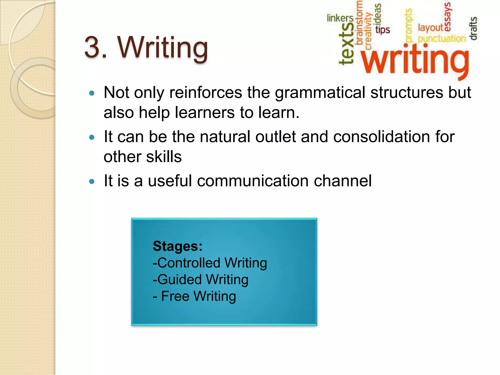 3. Writing
Not only reinforces the grammatical structures but
also help learners to learn.
 It can be the natural outlet and consolidation for
other skills
 It is a useful communication channel


Stages:
-Controlled Writing
-Guided Writing
- Free Writing

 