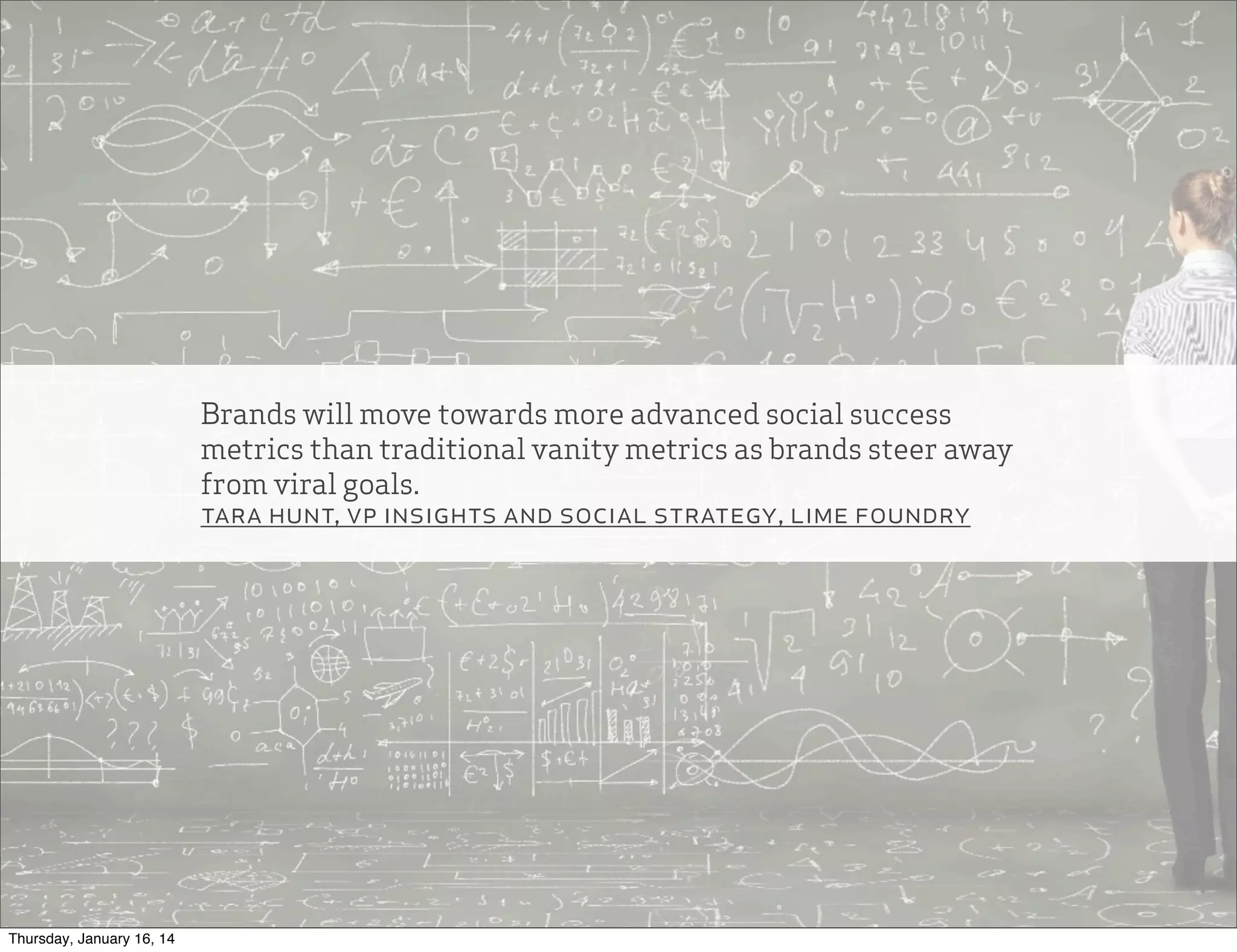 Brands will move towards more advanced social success
metrics than traditional vanity metrics as brands steer away
from viral goals.
tara hunt, vp insights and social strategy, lime foundry

Thursday, January 16, 14

 