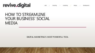 HOW TO STREAMLINE
YOUR BUSINESS’ SOCIAL
MEDIA
DIGITAL MARKETING’S MOST POWERFUL TOOL
 