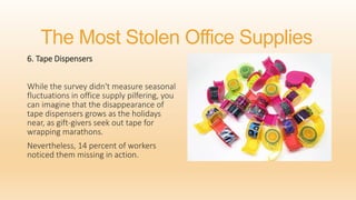 The Most Stolen Office Supplies
6. Tape Dispensers
While the survey didn't measure seasonal
fluctuations in office supply ...