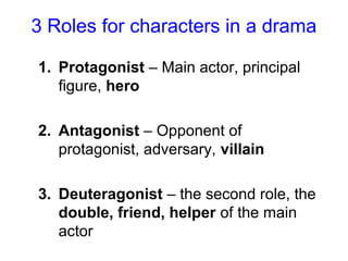 3 Roles for characters in a drama
1. Protagonist – Main actor, principal
figure, hero
2. Antagonist – Opponent of
protagonist, adversary, villain
3. Deuteragonist – the second role, the
double, friend, helper of the main
actor
 