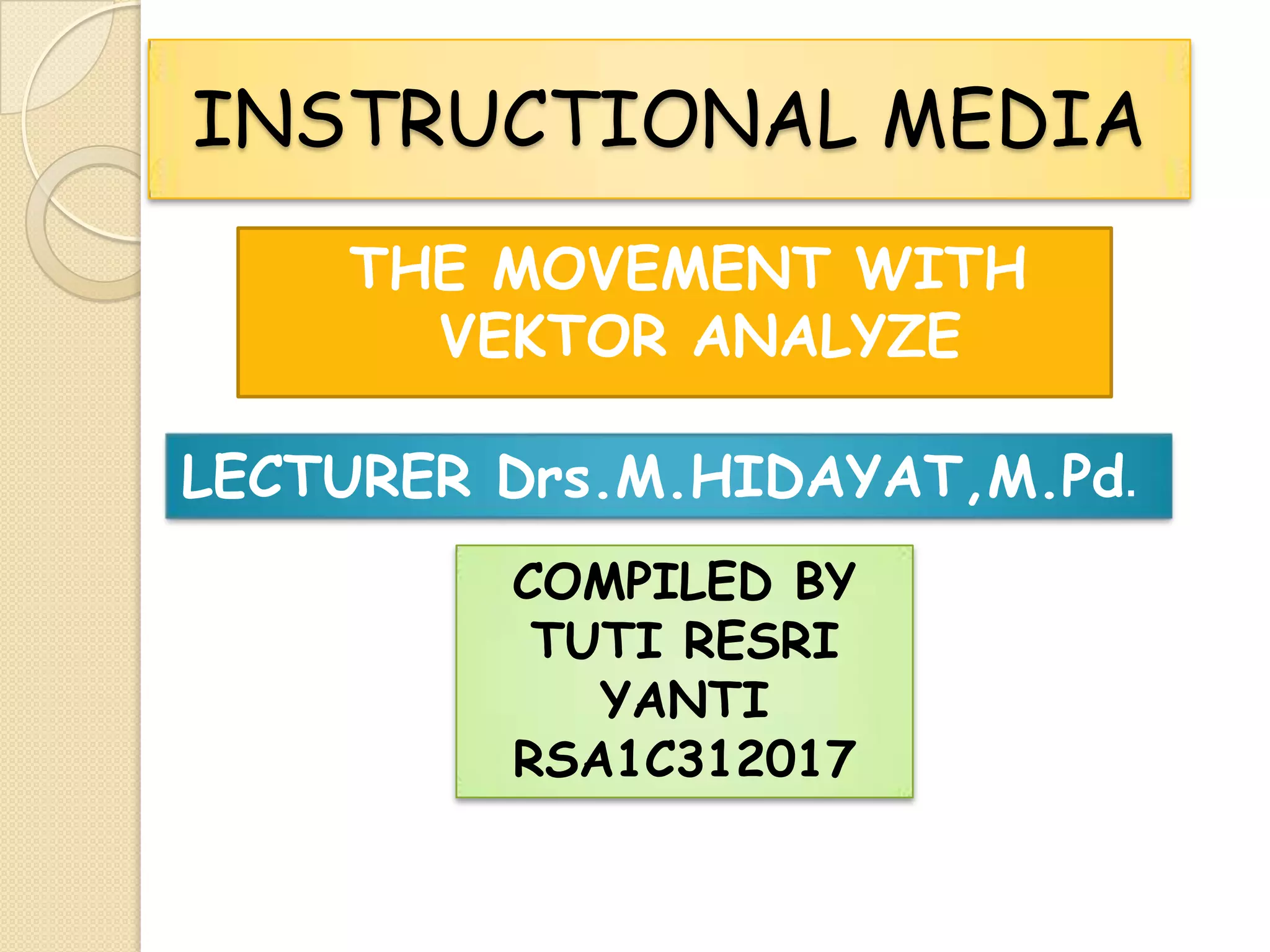 INSTRUCTIONAL MEDIA
THE MOVEMENT WITH
VEKTOR ANALYZE
LECTURER Drs.M.HIDAYAT,M.Pd.
COMPILED BY
TUTI RESRI
YANTI
RSA1C312017

 