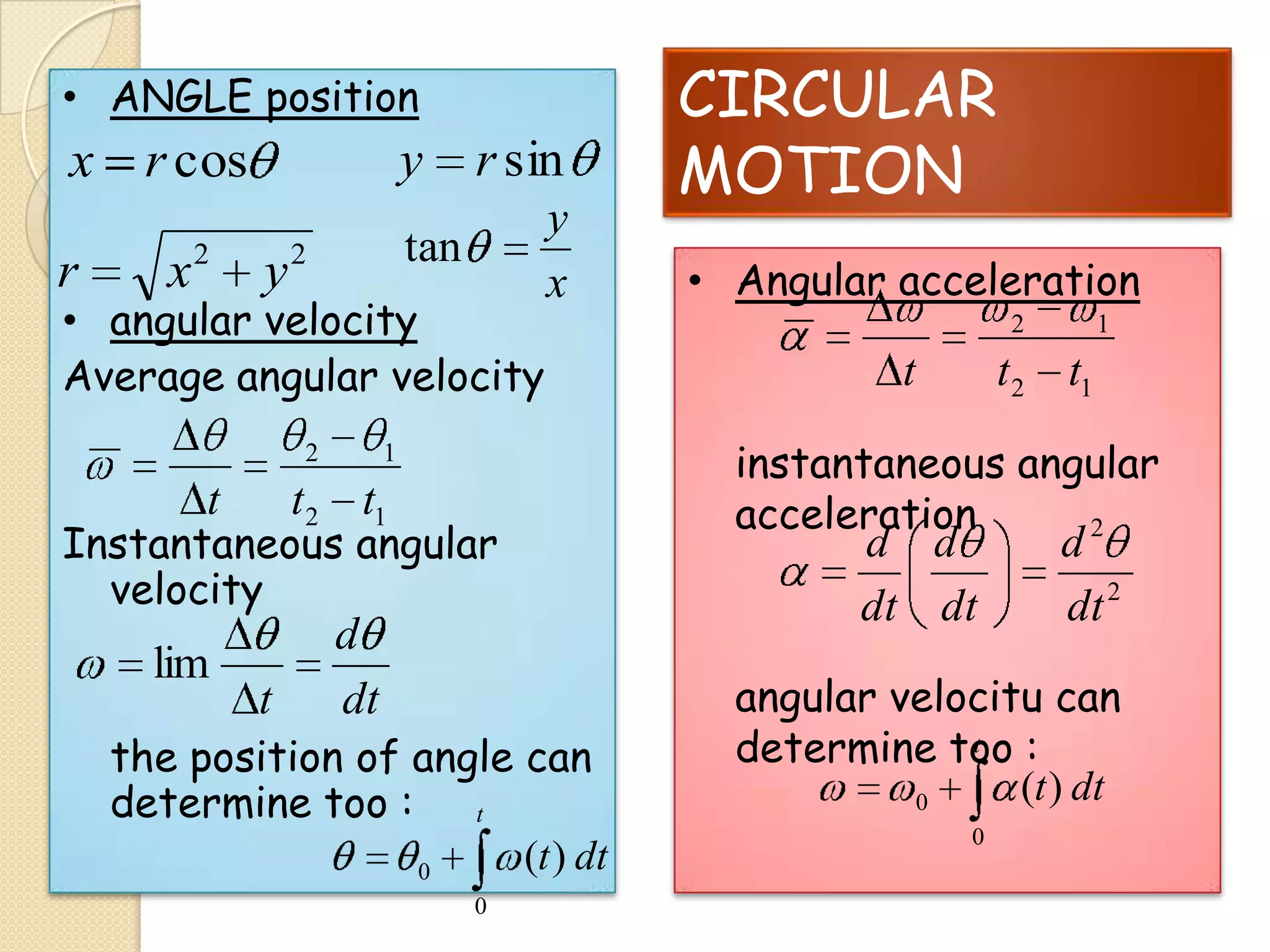 • ANGLE position

y

x r cos
r

x2

r sin

tan

y2

• angular velocity
Average angular velocity
2

t

y
x

1

t 2 t1

Instantaneous angular
velocity

lim

t

d
dt

the position of angle can
determine too : t
(t ) dt
0
0

CIRCULAR
MOTION
• Angular acceleration
2

t

1

t 2 t1

instantaneous angular
acceleration
2

d d
dt dt

d
dt 2

angular velocitu can
t
determine too :
(t ) dt
0
0

 