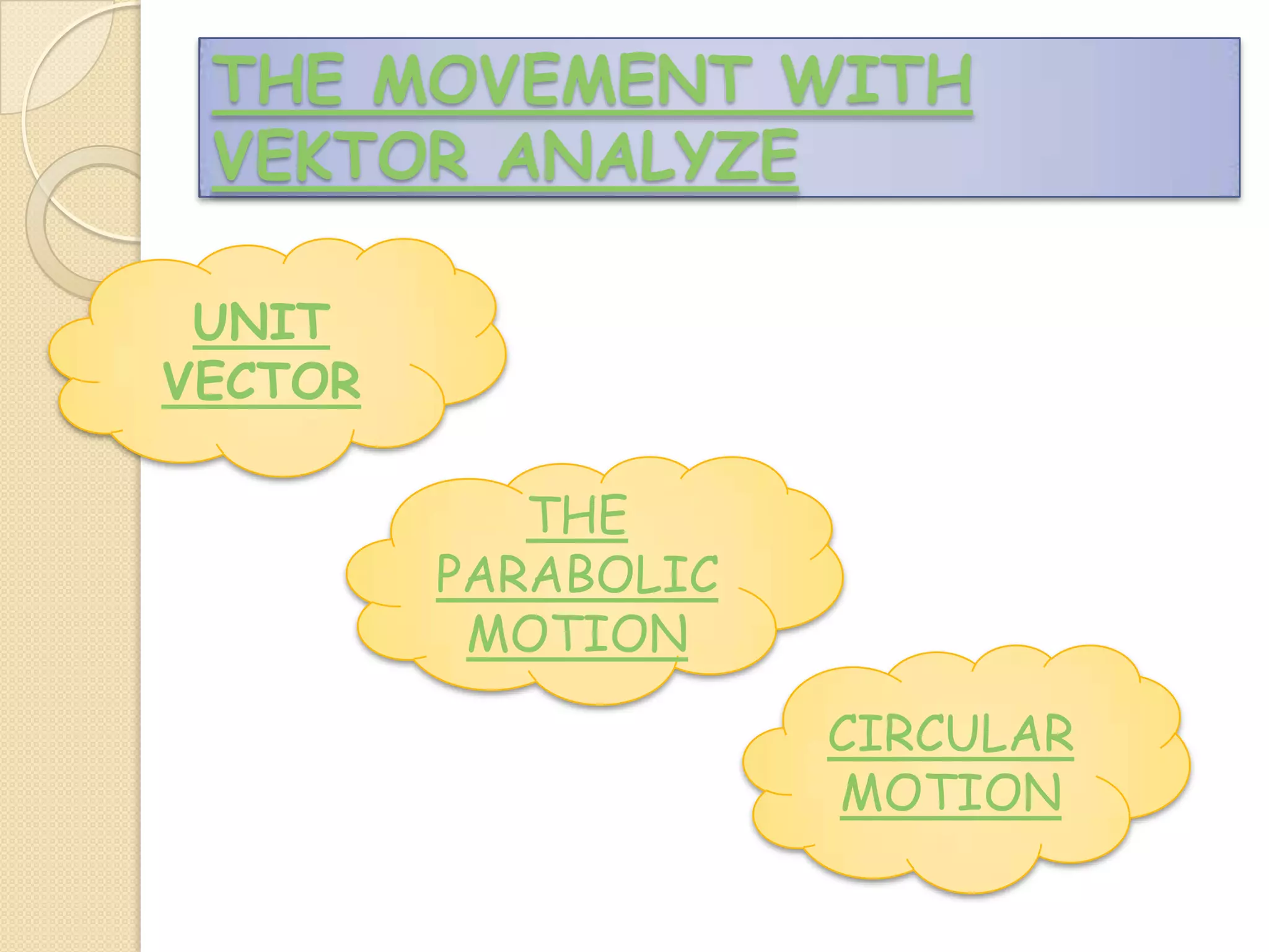 THE MOVEMENT WITH
VEKTOR ANALYZE
UNIT
VECTOR

THE
PARABOLIC
MOTION
CIRCULAR
MOTION

 