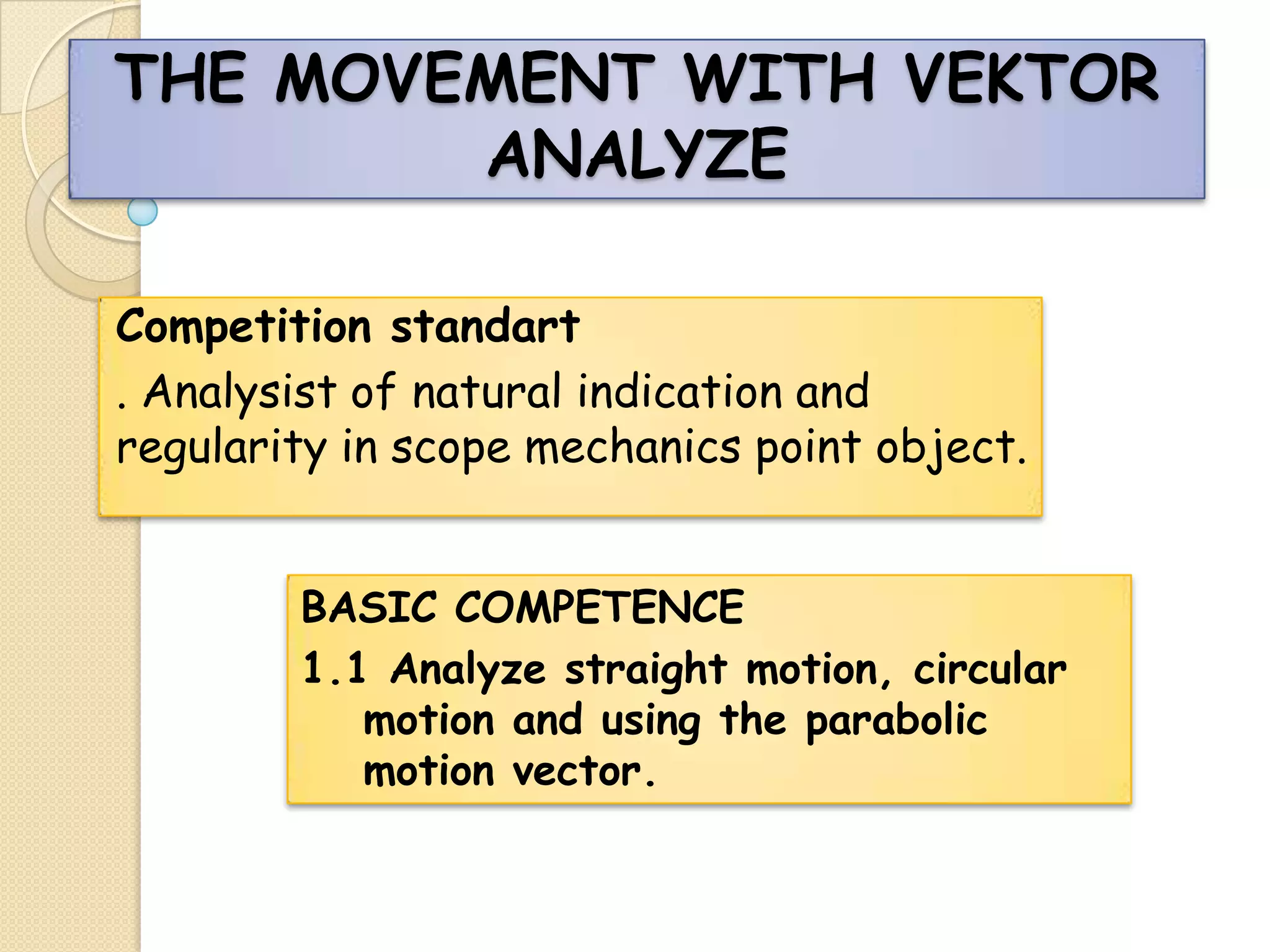 THE MOVEMENT WITH VEKTOR
ANALYZE
Competition standart
. Analysist of natural indication and
regularity in scope mechanics point object.
BASIC COMPETENCE
1.1 Analyze straight motion, circular
motion and using the parabolic
motion vector.

 