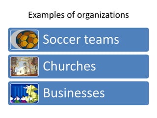 Examples of organizations
Soccer teams
Churches
Businesses
 