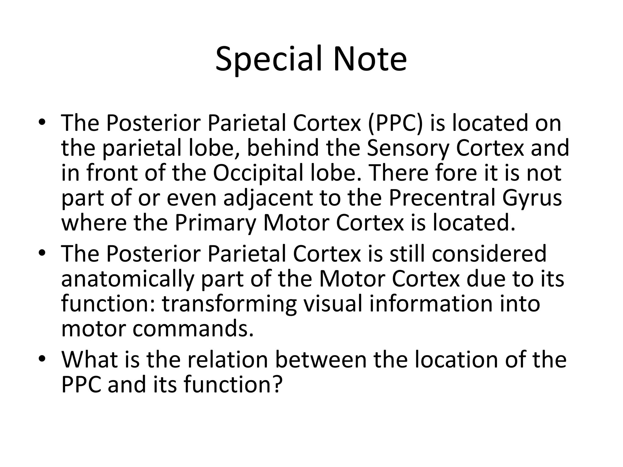Special NoteThe Posterior Parietal Cortex (PPC) is located on the parietal lobe, behind the Sensory Cortex and in front of the Occipital lobe. There fore it is not part of or even adjacent to the PrecentralGyrus where the Primary Motor Cortex is located.The Posterior Parietal Cortex is still considered anatomically part of the Motor Cortex due to its function: transforming visual information into motor commands.What is the relation between the location of the PPC and its function?