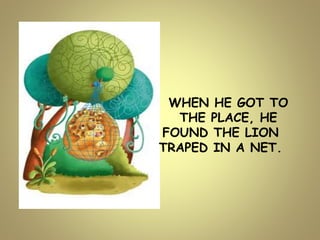 WHEN HE GOT TO
THE PLACE, HE
FOUND THE LION
TRAPED IN A NET.