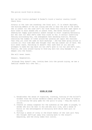 Creates an uneasy suspense for the audience as the game is played, to wonder who will be next to die and who will live, and a sense of horror at the extravagance of brutality with which each girl is killed.