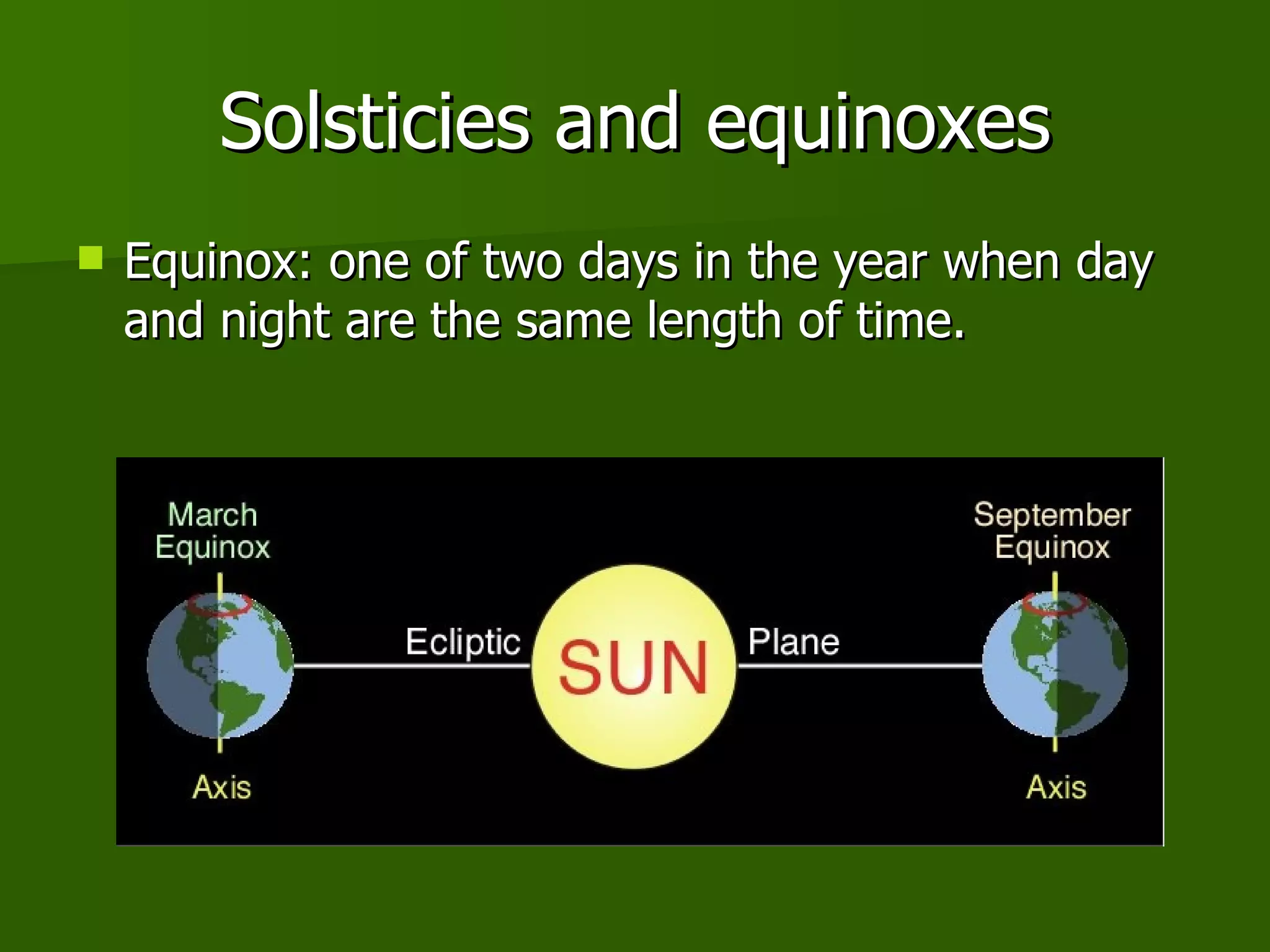 Solsticies and equinoxes Equinox: one of two days in the year when day and night are the same length of time. 