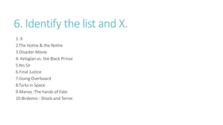 6. Identify the list and X.
1. X
2.The Hottie & the Nottie
3.Disaster Movie
4. Keloglan vs. the Black Prince
5.Yes Sir
6.Final Justice
7.Going Overboard
8.Turks in Space
9.Manos :The hands of Fate
10.Birdemic : Shock and Terror.
 
