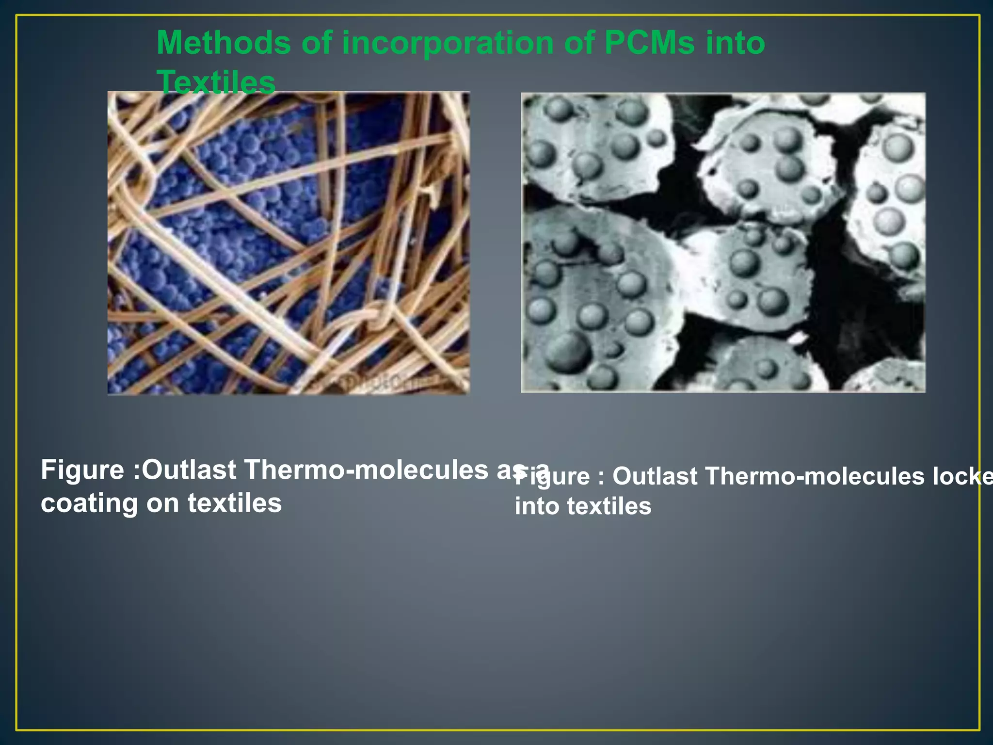 Figure :Outlast Thermo-molecules as a
coating on textiles
Figure : Outlast Thermo-molecules locke
into textiles
Methods of incorporation of PCMs into
Textiles
 