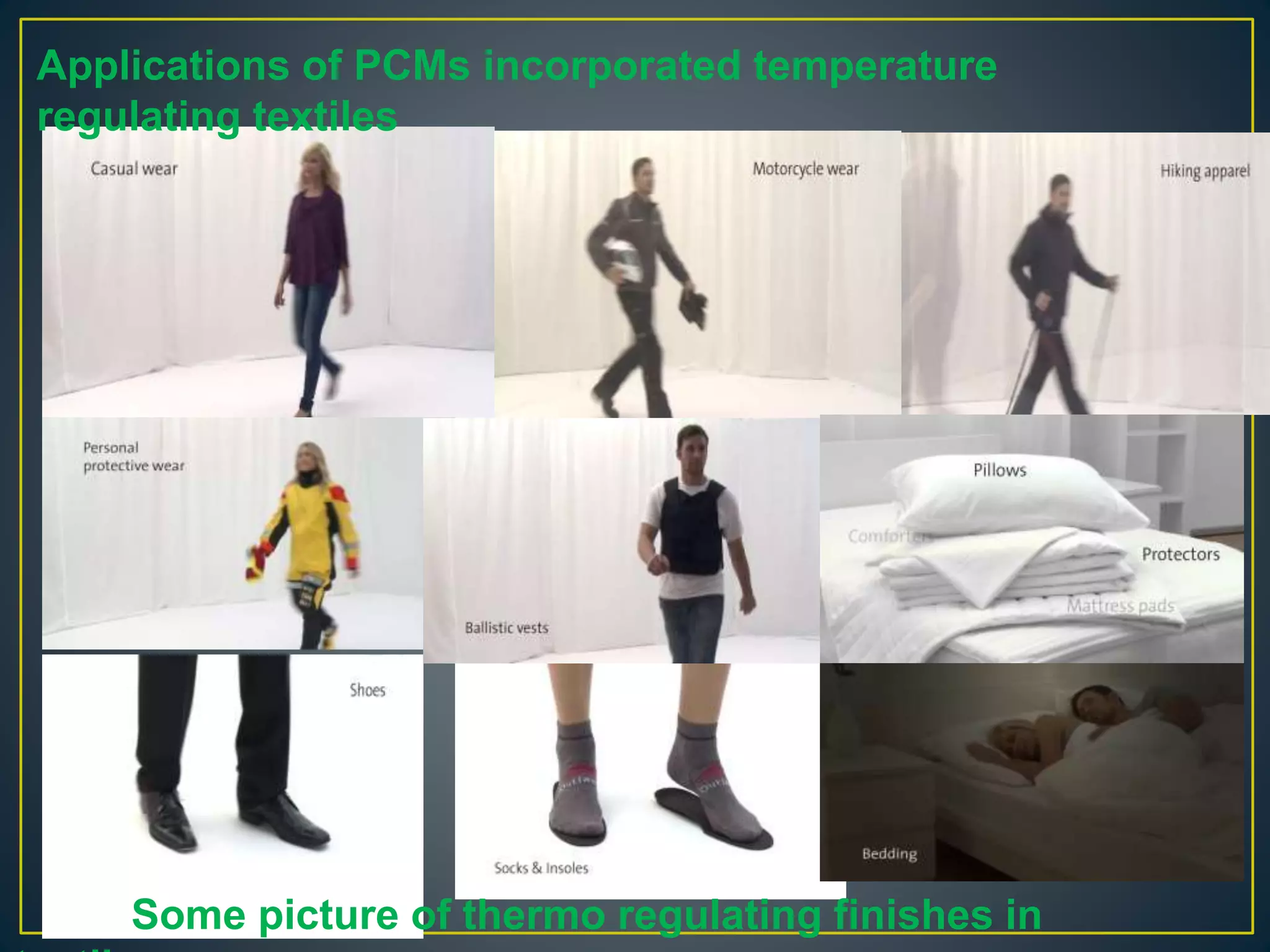 Applications of PCMs incorporated temperature
regulating textiles
Some picture of thermo regulating finishes in
 